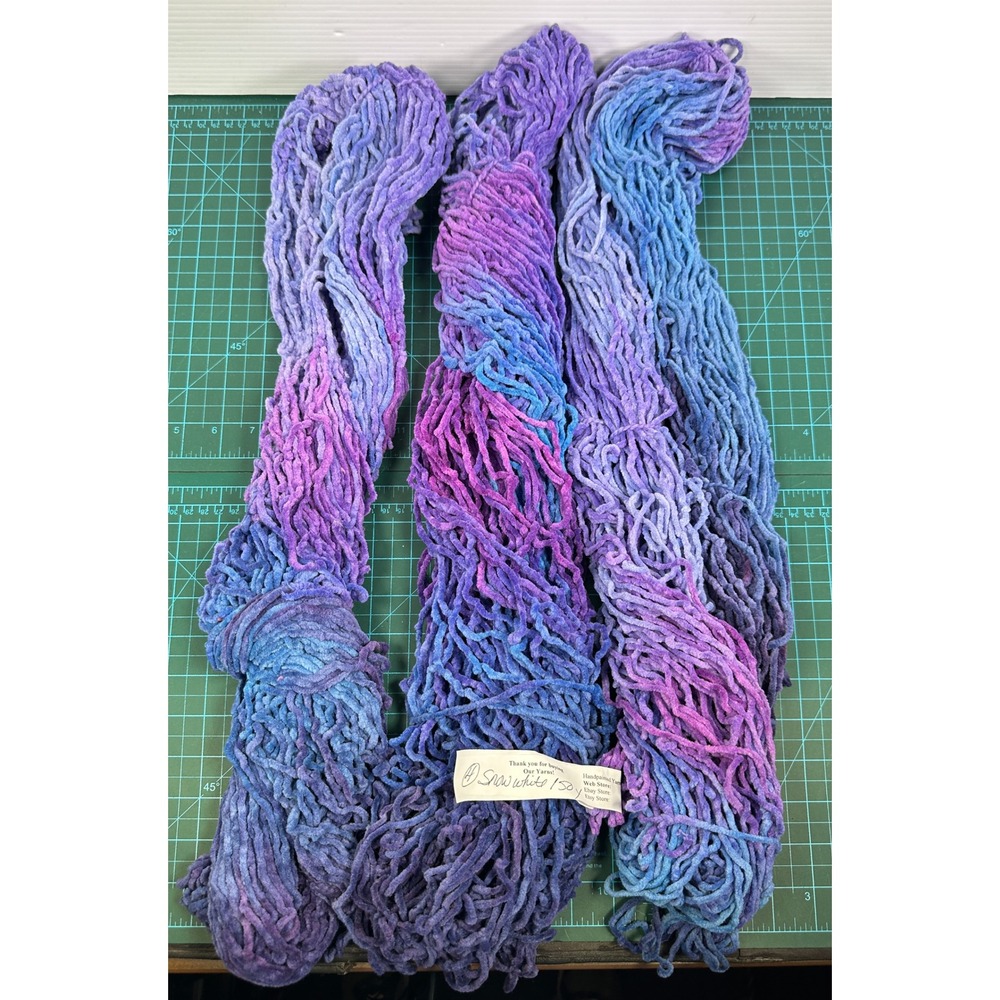 3 Skein Lot Handpainted Bulky Rayon Chenille Yarn Snow White Purple Blue 450Y